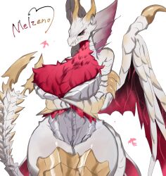 Rule 34 | 1girl, absurdres, arms under breasts, bare hips, bare shoulders, black sclera, breasts, colored sclera, colored skin, crossed arms, dragon girl, dragon horns, dragon tail, dragon wings, highres, horns, huge breasts, looking at viewer, malzeno (monster hunter), melzeno (monster hunter), monster girl, monster hunter (series), red eyes, red fur, scales, tail, thick thighs, thighs, togetoge, white skin, wide hips, wings
