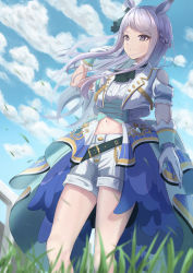 Rule 34 | 1girl, absurdres, ascot, belt, braid, clothing cutout, cloud, cloudy sky, commentary request, crown braid, day, gloves, hand in own hair, hat, highres, idol, jacket, long hair, looking to the side, marishiten (mar1sh110), mejiro mcqueen (end of sky) (umamusume), mejiro mcqueen (umamusume), midriff, mini hat, outdoors, overskirt, shorts, shoulder cutout, sky, solo, standing, umamusume, wind