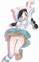 Rule 34 | 00s, 1girl, arms up, black hair, blouse, blush, bow, bowtie, braid, breasts, brown eyes, cameltoe, candice (pokemon), cleavage, cleavage cutout, clothes around waist, clothing cutout, covered erect nipples, creatures (company), endou masatoshi, game freak, gym leader, hair ornament, hairclip, kneehighs, leg lift, long hair, miniskirt, multi-tied hair, nintendo, panties, pantyshot, pleated skirt, pokemon, pokemon dppt, print panties, ribbon, shiny skin, shirt, shoes, simple background, skirt, smile, socks, solo, standing, striped clothes, striped socks, sweater, sweater around waist, thighs, twin braids, underwear, upskirt, white background, white panties
