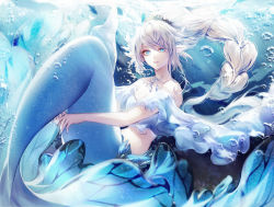 Rule 34 | 1girl, air bubble, alternate species, bare shoulders, black joa, blue eyes, blue theme, braid, braided ponytail, breasts, bubble, commentary, english commentary, fetal position, final fantasy, final fantasy xiv, frills, gender request, genderswap, genderswap (otf), grey hair, hair ornament, highres, jewelry, long hair, looking at viewer, mermaid, monster girl, necklace, off shoulder, pointy ears, solo, submerged, tiara, titania (final fantasy), underwater, very long hair, water