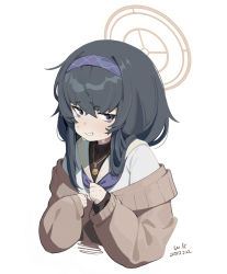 Rule 34 | 1girl, bags under eyes, black hair, blue archive, dated, grin, headband, highres, jacket, jewelry, jitome, long hair, long sleeves, looking at viewer, necklace, off shoulder, purple eyes, school uniform, serafuku, signature, simple background, sleeves past wrists, smile, solo, sweat, ui (blue archive), upper body, waterkuma, white background