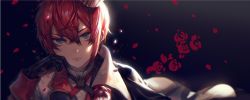 Rule 34 | 1boy, black background, black gloves, blue eyes, closed mouth, commentary request, falling petals, flower, gloves, highres, looking at viewer, male focus, petals, red flower, red hair, red rose, riddle rosehearts, rose, short hair, simple background, tsukiiro, twisted wonderland, upper body