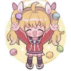 Rule 34 | 1girl, :d, ^ ^, ahoge, arms up, black sailor collar, black thighhighs, blonde hair, blue archive, blush stickers, brown background, chibi, closed eyes, drawstring, closed eyes, facing viewer, food, full body, hair ribbon, halo, highres, jacket, koru koruno, long sleeves, macaron, open mouth, pink skirt, plaid, plaid skirt, pleated skirt, puffy long sleeves, puffy sleeves, red jacket, ribbon, sailor collar, shoes, skirt, smile, solo, sparkle, thighhighs, twintails, twitter username, two-tone background, v-shaped eyebrows, white background, white footwear, white ribbon, yoshimi (blue archive)