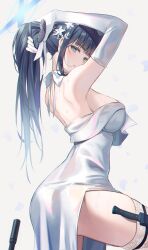Rule 34 | 1girl, absurdres, adjusting hair, arm up, bare shoulders, black hair, blue archive, blue halo, breasts, commentary request, dress, from behind, hair ornament, halo, highres, holster, hyonee, knife sheath, large breasts, long hair, looking at viewer, looking back, official alternate costume, official alternate hairstyle, ponytail, saori (blue archive), saori (dress) (blue archive), sheath, side slit, sideboob, simple background, solo, thigh holster, white background, white dress