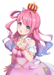 Rule 34 | 1girl, absurdres, blue hair, blush, bracelet, breasts, candy hair ornament, crescent, crescent earrings, crown, detached collar, dress, earrings, food-themed hair ornament, gradient hair, green eyes, hair ornament, hair ribbon, hand up, heterochromia, highres, himemori luna, himemori luna (1st costume), hololive, jewelry, medium breasts, multicolored hair, open mouth, pink dress, pink hair, purple eyes, ribbon, short sleeves, shyi, simple background, solo, upper body, virtual youtuber, white background