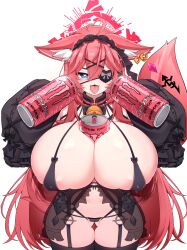 Rule 34 | 1girl, 5danny1206, absurdres, ahoge, animal ear fluff, babydoll, bell, between breasts, black babydoll, black garter belt, black sleeves, black thighhighs, blue eyes, breasts, bright pupils, can, cleavage, covered erect nipples, drink can, earrings, energy drink, eyepatch, fangs, garter belt, hair between eyes, heart, heart-shaped pupils, heart ahoge, heart eyepatch, highres, huge breasts, jewelry, long hair, maid headdress, monster energy, navel, neck bell, o-ring, o-ring garter belt, original, pink gemstone, pink hair, see-through babydoll, sleeves past wrists, soda can, solo, symbol-shaped pupils, tail, thighhighs, tongue, tongue out, white pupils
