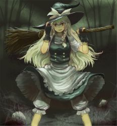 Rule 34 | 1girl, apron, black gloves, blonde hair, blood, blood stain, bloomers, bow, braid, broom, gloves, grin, hair bow, hair ornament, hat, hat ribbon, kirisame marisa, long hair, looking at viewer, omaesan (camp-192), puffy sleeves, ribbon, shirt, short sleeves, side braid, single braid, skirt, skirt set, smile, smirk, solo, touhou, underwear, upskirt, vest, waist apron, when you see it, witch hat