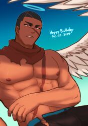 Rule 34 | 1boy, abs, aishuel (crave saga), angel, angel wings, bara, blue halo, crave saga, dark-skinned male, dark skin, dated, halo, happy birthday, large pectorals, male focus, muscular, muscular male, nattukre, nipples, pants, pectorals, red eyes, scar, scar on chest, scar on face, short hair, solo, topless male, torn clothes, torn pants, very short hair, wings