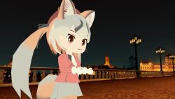 Rule 34 | 1girl, 3d, animal ears, animated, audible music, audible speech, blazer, gloves, hat, island fox (kemono friends), jacket, karaoke, kemono friends, kemono friends v project, long hair, looking at viewer, necktie, night, open mouth, outdoors, school uniform, shirt, shoes, silver hair, simple background, skirt, smile, solo, sound, tail, twintails, udensha, video, virtual youtuber