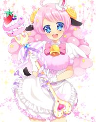 Rule 34 | 10s, 1girl, :d, animal ears, apron, bell, blue eyes, bow, cake, dress, food, fork, fruit, gloves, hat, heart, heart-shaped pupils, horns, mini hat, mini top hat, moa (show by rock!!), neon ui, open mouth, pink hair, ribbon, sheep ears, sheep horns, sheep tail, show by rock!!, smile, solo, sparkle, star (symbol), strawberry, symbol-shaped pupils, tail, top hat, white gloves, wings