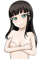 Rule 34 | 1girl, black hair, blush, breasts, closed mouth, covering privates, covering breasts, green eyes, hair ornament, highres, kurosawa dia, long hair, looking at viewer, love live!, love live! sunshine!!, medium breasts, mole, mole under mouth, nude, simple background, smile, solo, to yoshiyoshi, upper body, white background