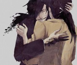 Rule 34 | 00s, 2boys, back, bad id, bad pixiv id, black hair, closed eyes, dual persona, fullmetal alchemist, greed (fma), grey background, hair over one eye, hand on another&#039;s head, homunculus, hug, ling yao, long hair, male focus, multiple boys, ponytail, sad, simple background, spoilers, yama (two&iuml;&frac14;&scaron;five&amp;seven)