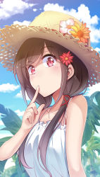 Rule 34 | 1girl, bare shoulders, black hair, character request, chinese commentary, cloud, copyright request, day, dress, fei luo mao, finger to mouth, flower, frilled dress, frills, hair flower, hair ornament, hair over shoulder, hat, hat flower, highres, index finger raised, looking at viewer, low twintails, outdoors, red eyes, solo, straw hat, sun hat, sundress, swept bangs, twintails, upper body, white dress