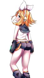 Rule 34 | 1girl, back, bare shoulders, black shorts, blonde hair, blue eyes, blush, bow, commentary, detached sleeves, hair bow, hair ornament, hairclip, harii (janib5kc), headphones, headset, highres, kagamine rin, leg warmers, looking at viewer, looking back, midriff, pale skin, sailor collar, shirt, shorts, sideways glance, simple background, sleeveless, sleeveless shirt, smile, solo, turning head, vocaloid, white background