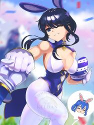 Rule 34 | 1boy, 1girl, animal ears, black hair, blue hair, breasts, cleavage, closed eyes, commission, detached collar, easter, easter egg, egg, fake animal ears, fake tail, fire emblem, fire emblem: genealogy of the holy war, gloves, headband, hetero, highleg, highleg leotard, holding, holding egg, holding hands, keldancon, larcei (fire emblem), large breasts, leotard, looking at another, nintendo, one eye closed, out of frame, playboy bunny, rabbit ears, rabbit tail, seliph (fire emblem), sidelocks, smile, spoken character, strapless, strapless leotard, sweatdrop, tail, white headband