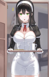 Rule 34 | 1girl, black hair, breasts, cleavage, cookie, covered navel, cup, food, gloves, hairband, highres, kfr, long hair, mug, open mouth, original, puffy sleeves, solo, tray, white gloves
