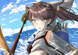 Rule 34 | 1girl, absurdres, amporn, arrow (projectile), blue sky, bow (weapon), brown eyes, brown gloves, brown hair, cloud, day, flight deck, gloves, highres, japanese clothes, kaga (kancolle), kantai collection, long hair, muneate, outdoors, quiver, rigging, short sidetail, side ponytail, sky, solo, tasuki, weapon