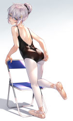 Rule 34 | 1girl, adjusting clothes, adjusting leotard, ass, athletic leotard, ballerina, ballet slippers, bare arms, bare shoulders, black leotard, blue eyes, blush, bronya zaychik, chair, closed mouth, commentary request, folding chair, from behind, full body, ginklaga, gradient background, hair bun, hair ornament, hairclip, highres, honkai (series), honkai impact 3rd, leaning forward, leg up, leotard, looking at viewer, looking back, pantyhose, pink footwear, ribbon, shoe soles, short hair, silver hair, single hair bun, smile, solo, standing, standing on one leg, white pantyhose