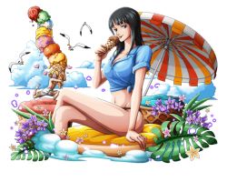 Rule 34 | 1boy, 1girl, bikini, bikini bottom only, bird, black bikini, black hair, blonde hair, blue eyes, blue shirt, bodskih, breasts, cleavage, collarbone, crossed legs, derivative work, food, heart, holding, holding food, ice cream, large breasts, long hair, looking at viewer, multiple girls, navel, nico robin, one piece, one piece treasure cruise, open mouth, oversized object, sanji (one piece), shirt, short sleeves, sitting, stomach, swimsuit, tied shirt, tongue, tongue out, transparent background