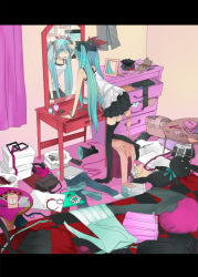 Rule 34 | bad id, bad pixiv id, bedroom, casual, chest of drawers, green eyes, green hair, gyoniku sausage, hatsune miku, letterboxed, messy room, mirror, nako13, solo, table, thighhighs, twintails, underwear drawer, vanity, vanity table, vocaloid, world is mine (vocaloid)