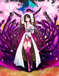 Rule 34 | 10s, 1girl, absurdly long hair, black hair, breasts, cherry blossoms, cleavage, covered erect nipples, fate/extra, fate/extra ccc, fate (series), full body, hair ornament, head tilt, highres, hinomoto madoka, horns, large breasts, long hair, looking at viewer, outdoors, purple ribbon, purple thighhighs, ribbon, sessyoin kiara, smile, solo, standing, tattoo, thighhighs, very long hair, yellow eyes