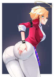 Rule 34 | 1girl, arm belt, ass, blonde hair, blue background, breasts, green eyes, halo, highres, honkai: star rail, honkai (series), looking at viewer, looking back, medium breasts, pants, pantylines, red vest, rustysalmon, short hair, siobhan (honkai: star rail), solo, vest, white pants