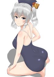 Rule 34 | 1girl, 30-06, ass, back, bare shoulders, beret, blue eyes, breasts, competition school swimsuit, hat, highres, kantai collection, kashima (kancolle), kerchief, kneeling, large breasts, looking at viewer, looking back, one-piece swimsuit, school swimsuit, shadow, silver hair, smile, solo, swimsuit, twintails, wavy hair, white background
