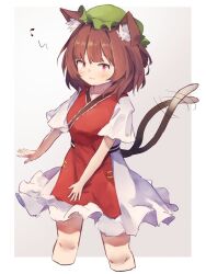 Rule 34 | 1girl, :3, animal ear fluff, animal ears, ar (maeus), beamed eighth notes, breasts, brown eyes, brown hair, cat ears, cat tail, chen, commentary request, cropped legs, dress, foul detective satori, frills, green headwear, grey background, hat, highres, light blush, medium breasts, medium hair, mob cap, motion lines, multiple tails, musical note, nekomata, red dress, red eyes, short sleeves, simple background, solo, tail, touhou, two tails, white background