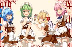 Rule 34 | 4girls, :q, alternate costume, antennae, apron, bird wings, blonde hair, blue bow, blue hair, bow, brown eyes, brown skirt, cirno, closed eyes, cowboy shot, enmaided, feathered wings, food, from behind, fruit, gate, green eyes, green hair, hair bow, hair ribbon, hand on own chest, hand to forehead, hands on own hips, leaning forward, looking at viewer, looking back, maid, maid headdress, multiple girls, mystia lorelei, open mouth, parfait, pink background, pink hair, pocky, puffy short sleeves, puffy sleeves, red eyes, ribbon, rumia, shirt, short sleeves, skirt, skirt hold, smile, standing, strawberry, suzunooto shirasu, team 9 (touhou), thighhighs, tongue, tongue out, touhou, tray, two-tone background, v, waist apron, white background, white legwear, white shirt, wings, wriggle nightbug, zettai ryouiki