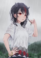 Rule 34 | 1girl, adapted costume, arrow (symbol), bad anatomy, black hair, bracelet, breasts, cloud, cloudy sky, commentary request, grey horns, hand on own hip, hand up, highres, holding, holding hair, horns, jewelry, kijin seija, medium breasts, multicolored hair, outdoors, parted lips, rain, red eyes, red hair, shirt, short hair, short sleeves, sky, solo, streaked hair, torinari (dtvisu), touhou, upper body, wet, wet hair, white hair, white shirt