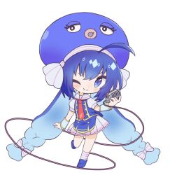 Rule 34 | 1girl, 7takada, ;), absurdly long hair, ahoge, arm warmers, blue eyes, blue footwear, blue hair, blue theme, blue vest, blush, bow, braid, cable, chibi, colored inner hair, eel hat, full body, hair bow, hand up, hat, holding, holding microphone, long hair, low-braided long hair, low-tied long hair, microphone, miniskirt, multicolored hair, necktie, one eye closed, otomachi una, otomachi una (sugar), pleated skirt, print necktie, print socks, puffy short sleeves, puffy sleeves, red necktie, short sleeves, sidelocks, simple background, skirt, smile, socks, solo, standing, standing on one leg, treble clef, twin braids, twintails, very long hair, vest, vocaloid, white background, white bow, white skirt, white socks