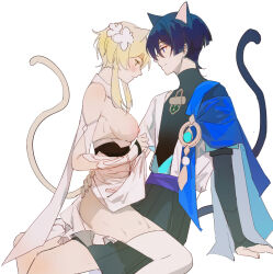 Rule 34 | 1boy, 1girl, animal ears, arm support, bare shoulders, black shorts, blonde hair, blue eyes, blue hair, blush, breasts, cat boy, cat ears, cat girl, cat tail, chamomomm, chinese commentary, cowgirl position, embarrassed, feet out of frame, flower, genshin impact, hair flower, hair ornament, hetero, japanese clothes, large breasts, looking at another, lumine (genshin impact), nipples, scaramouche (genshin impact), short hair, shorts, sitting, smile, straddling, sweatdrop, tail, thighhighs, wanderer (genshin impact), white thighhighs, yellow eyes