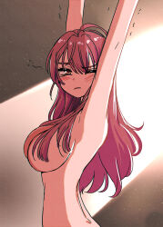 Rule 34 | 1girl, absurdres, arms up, blush, breasts, commentary request, convenient censoring, hair between eyes, hair censor, hair over breasts, highres, hololive, houshou marine, jangmaseason, large breasts, light frown, long hair, looking at viewer, nude, one eye closed, open mouth, red hair, sleeves past wrists, solo, stretching, upper body, virtual youtuber, yellow eyes