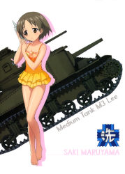 Rule 34 | 10s, 1girl, absurdres, barefoot, breasts, brown eyes, brown hair, casual one-piece swimsuit, caterpillar tracks, character name, cleavage, collarbone, emblem, frilled swimsuit, frills, full body, girls und panzer, highres, looking away, m3 lee, maruyama saki, military, military vehicle, motor vehicle, one-piece swimsuit, ooarai (emblem), orange one-piece swimsuit, shiny skin, short hair, simple background, small breasts, solo, standing, swimsuit, tank, white background