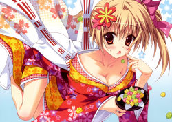 Rule 34 | 1girl, :o, absurdres, blush, bow, breasts, brown eyes, brown hair, candy, cleavage, collarbone, downblouse, eating, floral print, flower, food, hair bow, hair flower, hair ornament, hairpin, highres, huge filesize, japanese clothes, kimono, konpeitou, long sleeves, moribe (rabumanyo), open mouth, parted lips, pink bow, side ponytail, solo, thighs, wide sleeves