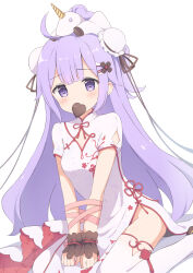 Rule 34 | 1girl, azur lane, black ribbon, blush, bound, bound wrists, breasts, bun cover, candy, china dress, chinese clothes, chocolate, chocolate heart, cleavage, cleavage cutout, clothing cutout, commission, covered navel, double bun, dress, dutch angle, feet out of frame, floral print, food, groin, hair bun, hair ribbon, heart, highres, long bangs, looking at viewer, mouth hold, one side up, own hands together, pelvic curtain, print dress, purple eyes, purple hair, raised eyebrows, ribbon, ribbon bondage, shoulder cutout, side slit, sidelocks, simple background, skeb commission, small breasts, solo, straight hair, stuffed winged unicorn, thighhighs, thighs, tyakomes, unicorn (azur lane), unicorn (the gift of spring) (azur lane), white background, white dress, white thighhighs, wrist cuffs