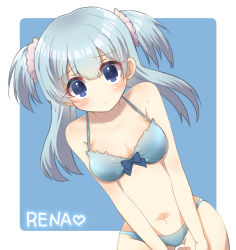 Rule 34 | 1girl, bad id, bad pixiv id, bikini, blue background, blue bikini, blue bow, blue eyes, blue hair, blush, bow, breasts, character name, cleavage, collarbone, frown, hair between eyes, hair ornament, halterneck, leaning to the side, long hair, looking at viewer, magia record: mahou shoujo madoka magica gaiden, mahou shoujo madoka magica, minami rena, murase48, navel, small breasts, solo, standing, swimsuit, thigh gap, twintails, two-tone background, two side up, white background