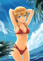Rule 34 | 10s, 1girl, arms behind head, beach, bikini, blonde hair, blue eyes, blush, breasts, day, highres, kantai collection, long hair, looking at viewer, navel, parsue, prinz eugen (kancolle), smile, solo, standing, swimsuit, twintails