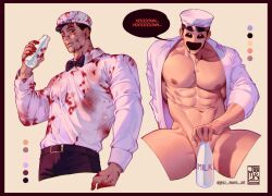 Rule 34 | 1boy, abs, bara, belt, black belt, black hair, black pants, blood, blood on clothes, blood on face, bottle, bottomless, closed mouth, covering crotch, covering privates, highres, holding, holding bottle, jezz mons art, large pectorals, male focus, milk bottle, muscular, muscular male, naked shirt, navel, nipples, original, pants, pectorals, shirt, short hair, white shirt