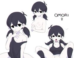 Rule 34 | 1girl, aliceyawnin, black eyes, black hair, black tank top, blush, breasts, character name, colored skin, genderswap, genderswap (mtf), highres, implied sex, long hair, multiple views, nipples, no shirt, nude, off shoulder, omori, omori (omori), open mouth, out-of-frame censoring, shirt, small breasts, spread legs, tank top, tongue, tongue out, trembling, upper body, venus symbol, white skin