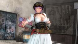 Rule 34 | 1girl, 3d, ayane (doa), belt, breasts, cleavage, dead or alive, dead or alive 5, dress, female focus, graffiti, hands on own hips, hat, large breasts, official art, purple hair, red eyes, solo, tecmo