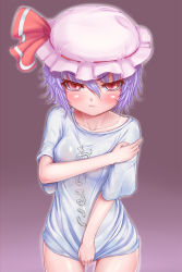 Rule 34 | 1girl, :t, blue hair, blush, breasts, clothes writing, collarbone, covering privates, covering breasts, embarrassed, female focus, gradient background, hat, hat ribbon, irudana, naked shirt, pout, red eyes, remilia scarlet, ribbon, shirt, shirt tug, short hair, simple background, solo, standing, text focus, touhou, translated