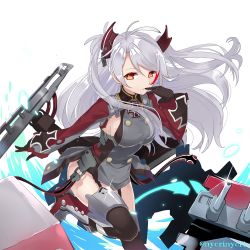 Rule 34 | 1girl, azur lane, black gloves, black socks, closed mouth, cross, finger to mouth, garter straps, gloves, grey hair, hand up, iron cross, knee up, kneehighs, long sleeves, looking at viewer, military, military uniform, multicolored hair, nyori, prinz eugen (azur lane), red eyes, red hair, sidelocks, simple background, socks, solo, streaked hair, thighhighs, turret, twitter username, two-tone hair, two side up, uniform, white background