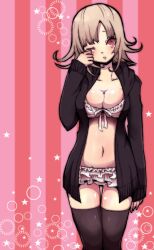 Rule 34 | 1girl, black footwear, black jacket, black thighhighs, blush, breasts, cleavage, collarbone, danganronpa (series), danganronpa 2: goodbye despair, female focus, jacket, large breasts, long sleeves, looking at viewer, nanami chiaki, navel, one eye closed, open mouth, pink stripes, red eyes, red stripes, simple background, solo, standing, striped background, thighhighs