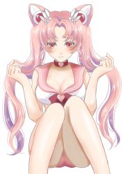 Rule 34 | 1girl, aged up, bad id, bad pixiv id, bishoujo senshi sailor moon, bra, breasts, brooch, chibi usa, choker, cleavage, cone hair bun, double bun, female focus, hair bun, hair ornament, heart, heart brooch, highres, holding, holding own hair, jewelry, large breasts, long hair, panties, pink eyes, pink hair, sailor chibi moon, sailor collar, sheepd, sitting, solo, twintails, underwear, underwear only, very long hair
