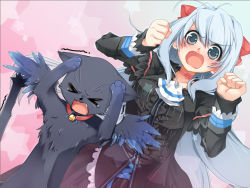 Rule 34 | &gt; &lt;, 1girl, angel wings, angry, ashe (under the moon), bell, blue eyes, blue hair, blush, cat, choker, clenched hand, clenched hands, collar, dress, closed eyes, game cg, gothic lolita, kyle (under the moon), lolita fashion, neck bell, open mouth, solo, star (symbol), toujou sakana, under the moon, white hair, wings