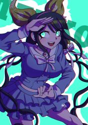 Rule 34 | 1girl, :d, bow, bowtie, breasts, brown hair, buttons, chabashira tenko, cowboy shot, danganronpa (series), danganronpa v3: killing harmony, double-breasted, fang, floral print, green background, green eyes, green ribbon, hair bow, highres, inglebard, large breasts, layered skirt, long hair, long sleeves, miniskirt, mole, mole under mouth, open mouth, ribbon, sailor collar, skirt, smile, solo, teeth, twintails, upper teeth only, white background, white bow, white bowtie, white sailor collar