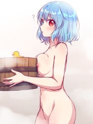 Rule 34 | 1girl, ?, blue eyes, blue hair, blush, breasts, bucket, collarbone, completely nude, cowboy shot, from side, hair between eyes, highres, holding, holding bucket, kaoling, large breasts, navel, nipples, nude, open mouth, red eyes, rubber duck, short hair, solo, tatara kogasa, touhou