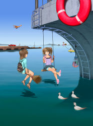Rule 34 | 2girls, 6+girls, aircraft, airplane, ankle scrunchie, anklet, aqua eyes, aqua jacket, aqua shorts, backpack, bag, bare legs, bird, bird request, black bag, black bow, blue skirt, boat, bow, bracelet, brooch, broom, broom riding, brown footwear, brown hair, brown shorts, buoy, camisole, car, child, commentary request, convertible, cropped jacket, day, dock, facing viewer, from side, goggles, goggles on head, grin, highres, hood, hooded jacket, jacket, jetty, jewelry, ladder, layered camisole, layered clothes, layered skirt, lifebuoy, looking at another, looking to the side, medium hair, miniskirt, motor vehicle, mountainous horizon, multiple girls, ocean, open clothes, open jacket, original, outdoors, outstretched leg, outstretched legs, pants, pier, pink footwear, pink jacket, pink pants, pink scrunchie, purple camisole, rock, rustle, sandals, scrunchie, short hair, short sleeves, shorts, shorts under skirt, side ponytail, sitting, skirt, smile, striped clothes, striped shorts, swim ring, swing, transparent bag, twintails, water, watercraft