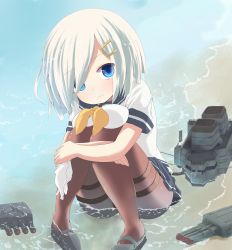 Rule 34 | 10s, 1girl, blue eyes, breasts, gloves, hair ornament, hair over one eye, hairclip, hamakaze (kancolle), highres, hugging own legs, kantai collection, looking at viewer, maromi gou, pantyhose, personification, school uniform, serafuku, shore, short hair, silver hair, skirt, solo, thighband pantyhose, unworn gloves, water